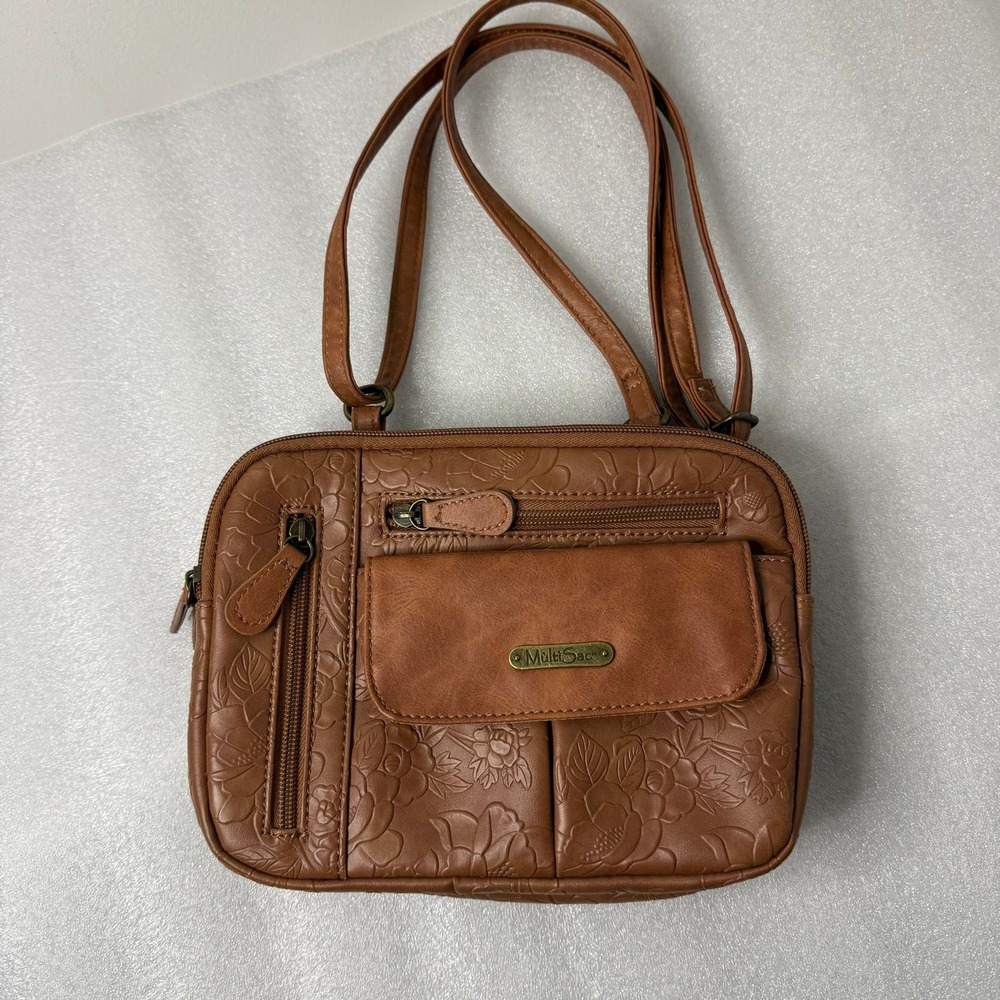 MultiSac Brown Floral Embossed Crossbody Bag Vegan Leather Organizer Handbag
